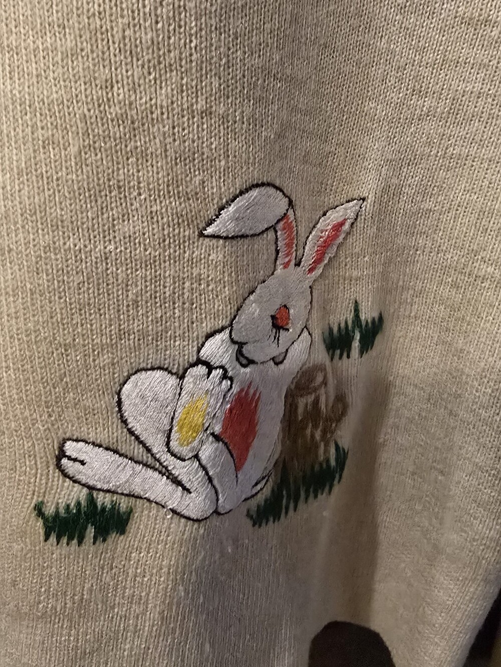 70s LeRoy Knitwear Embroidered Turtle & Bunny Sweater Cream M - Picture 10 of 11
